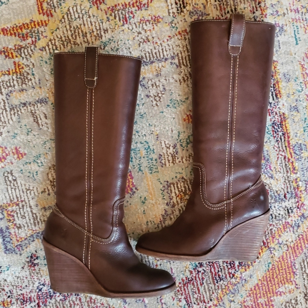 Frye wedge tall Caroline Campus brown boots
